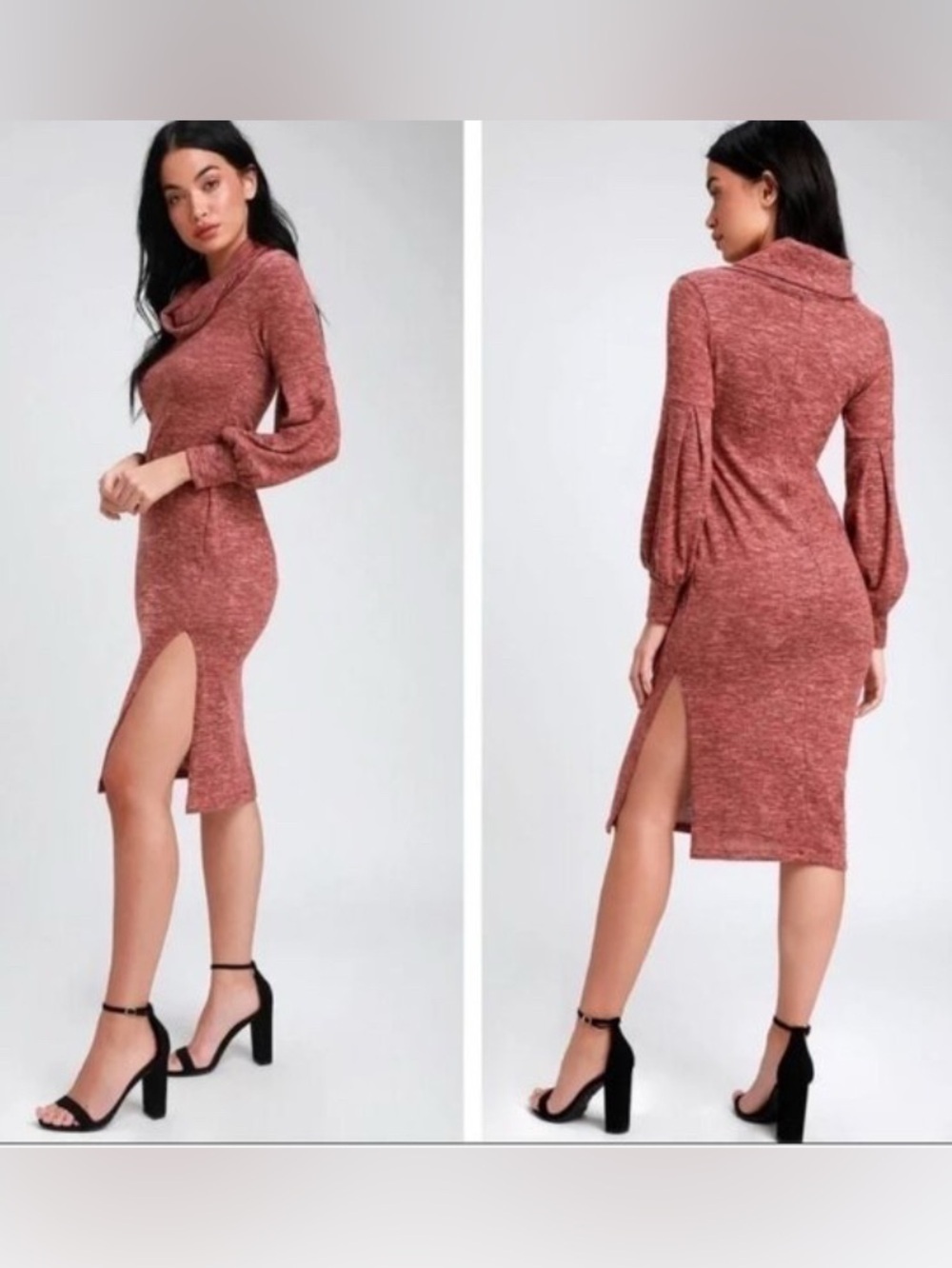 Lulu's Rusty Rose Cowl Neck Midi Dress with Puff Sleeves